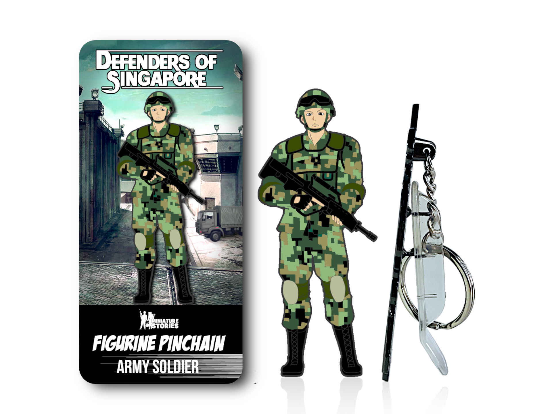 A pin badge, keychain and figurine all in one! Singapore Army Soldier. For collectors and gifts representing Singapore National Service (NS). Singapore Army Soldier Figurine PinChain