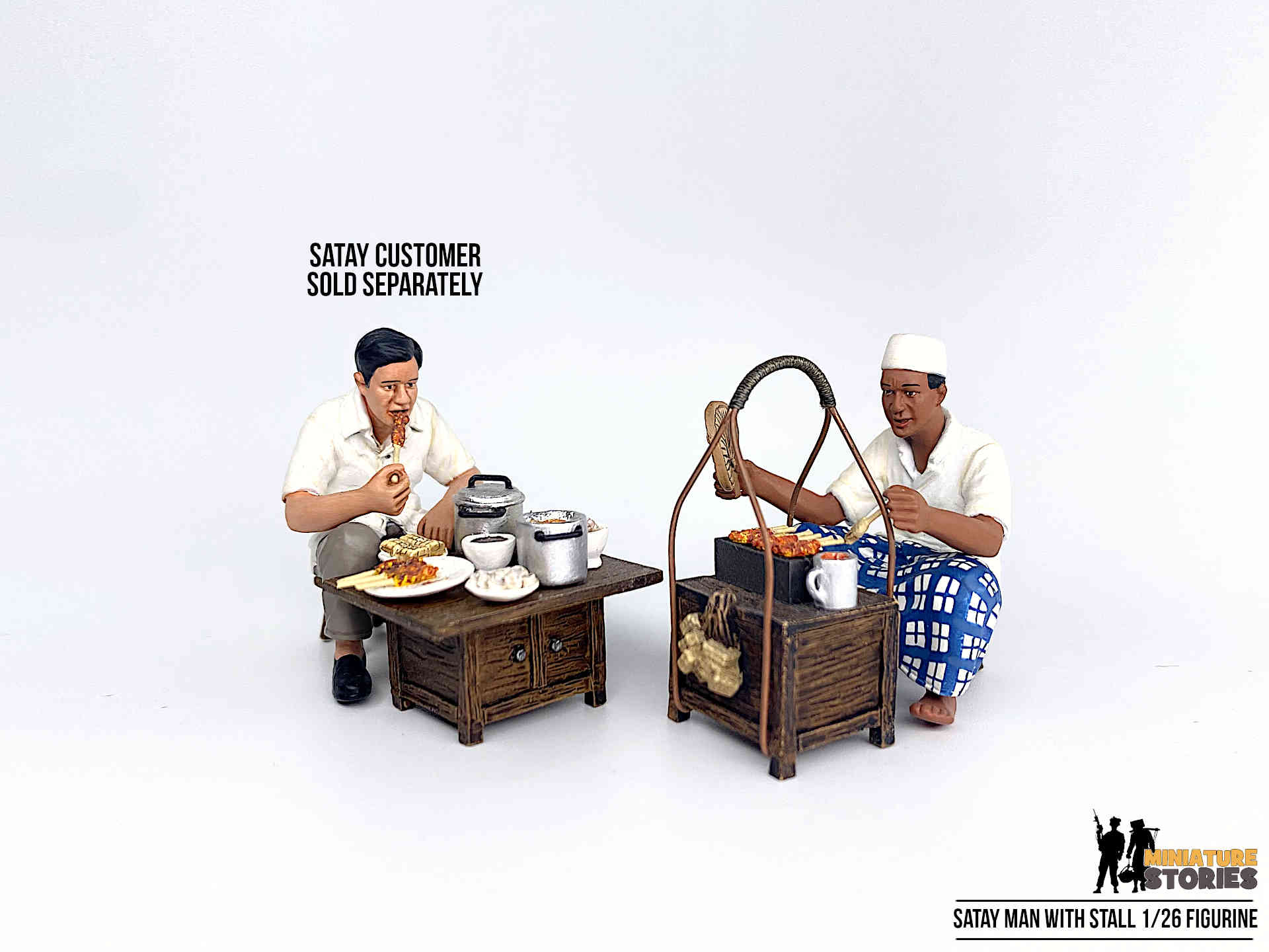 Old Singapore miniature Satay Man / Satay Seller Figurine (with Customer)